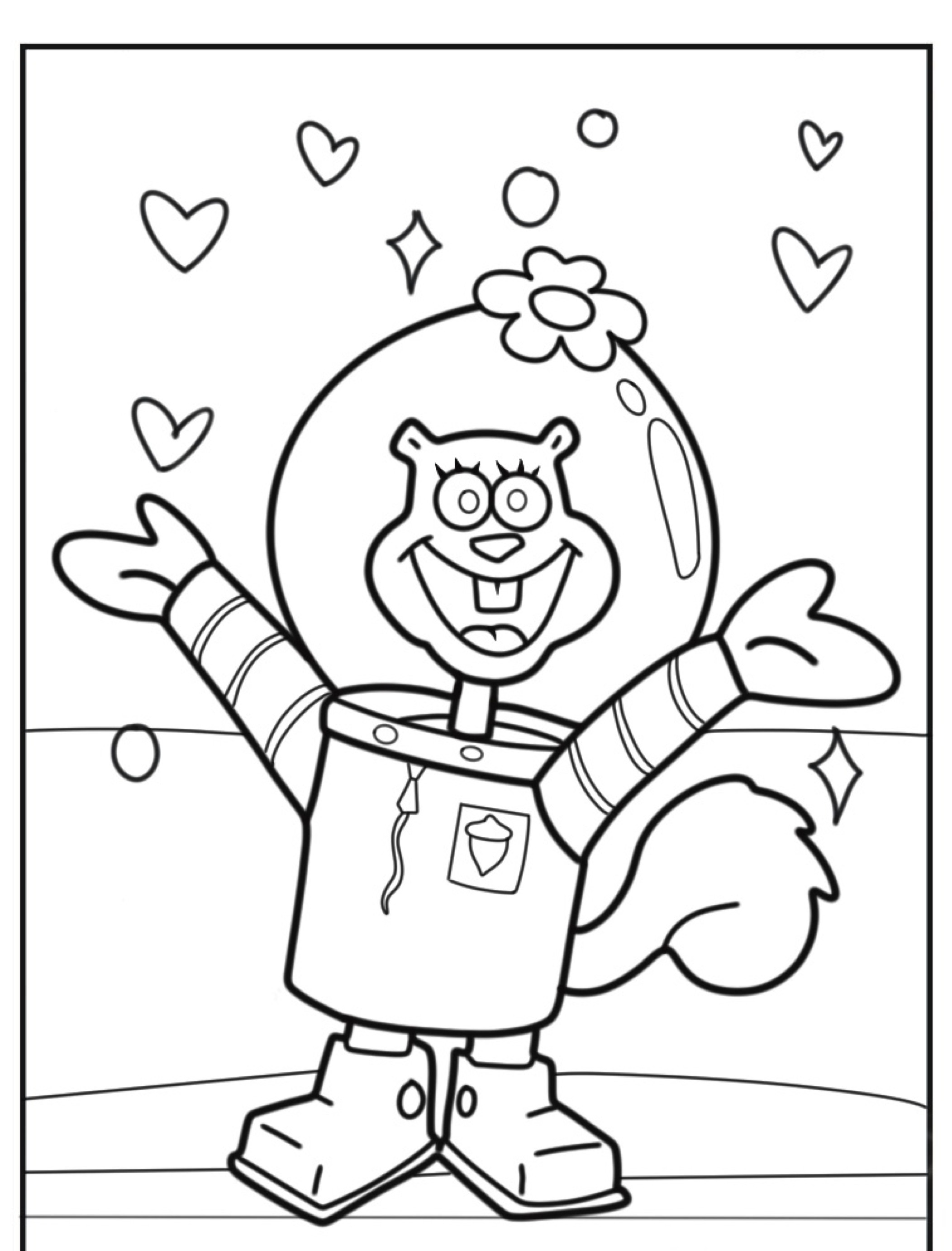 Desenho para colorir de personagem sorridente com braços abertos e corações ao redor.