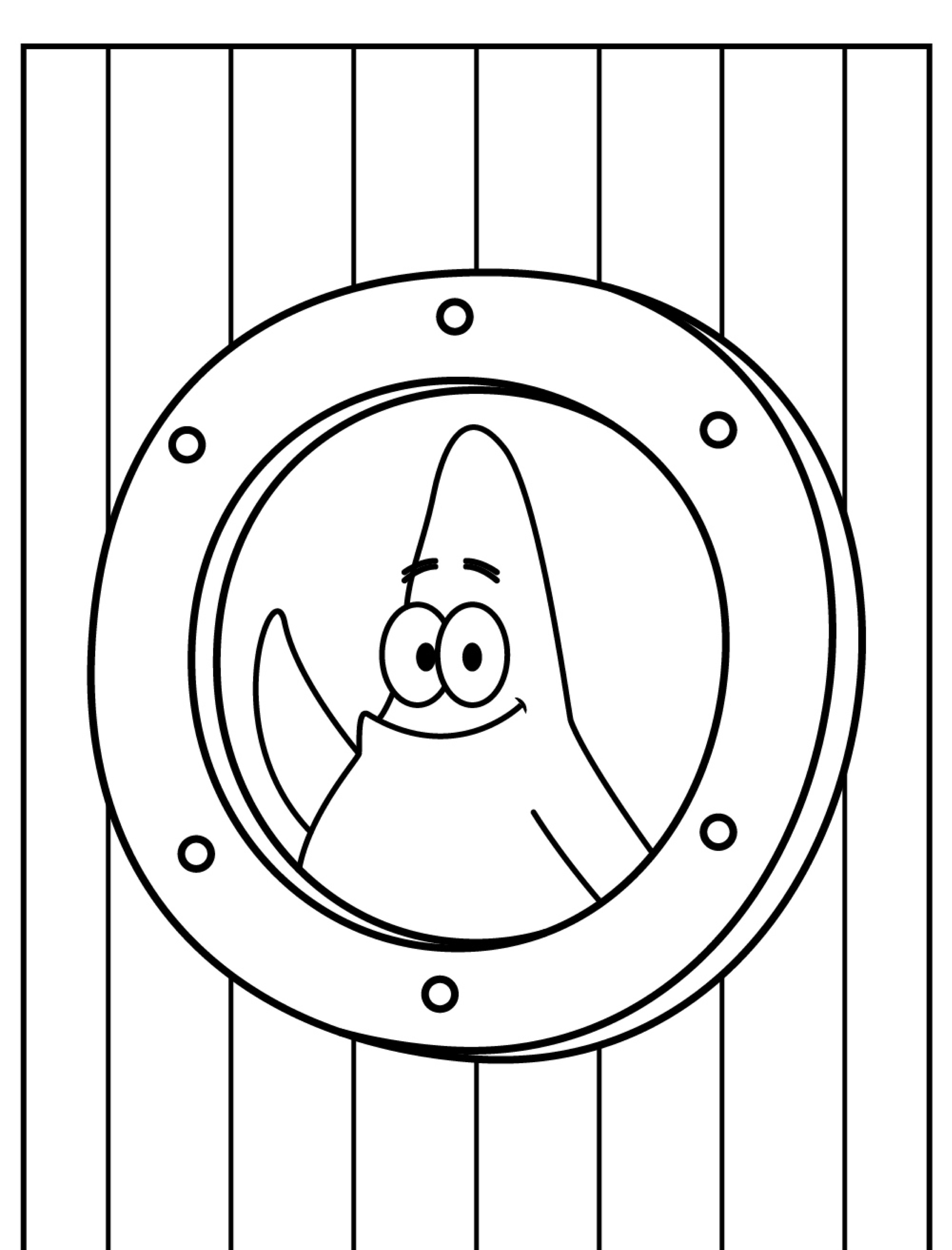 Desenho para colorir de estrela do mar sorrindo em janela circular.