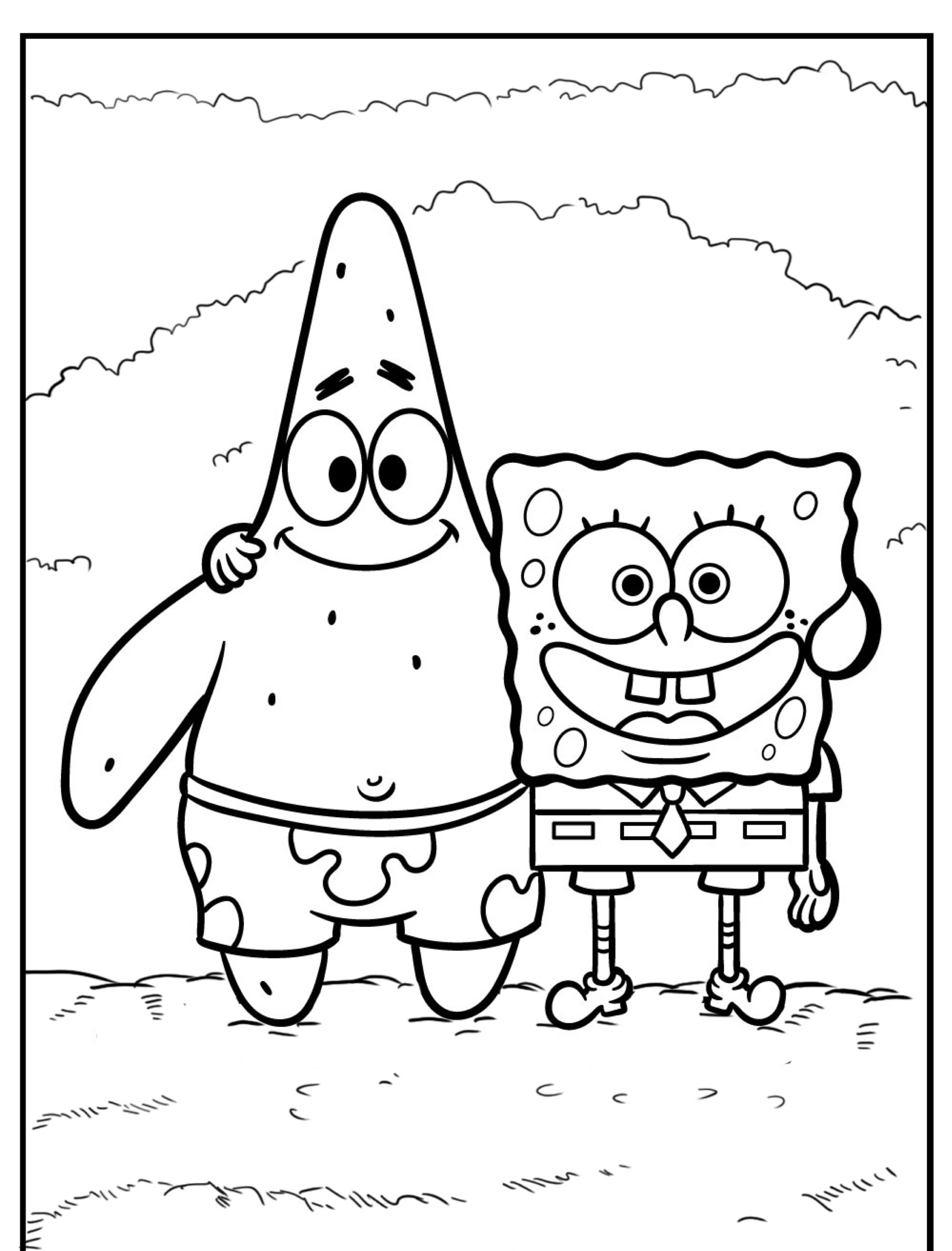 Desenho para colorir dos personagens Bob Esponja e Patrick, sorrindo juntos.