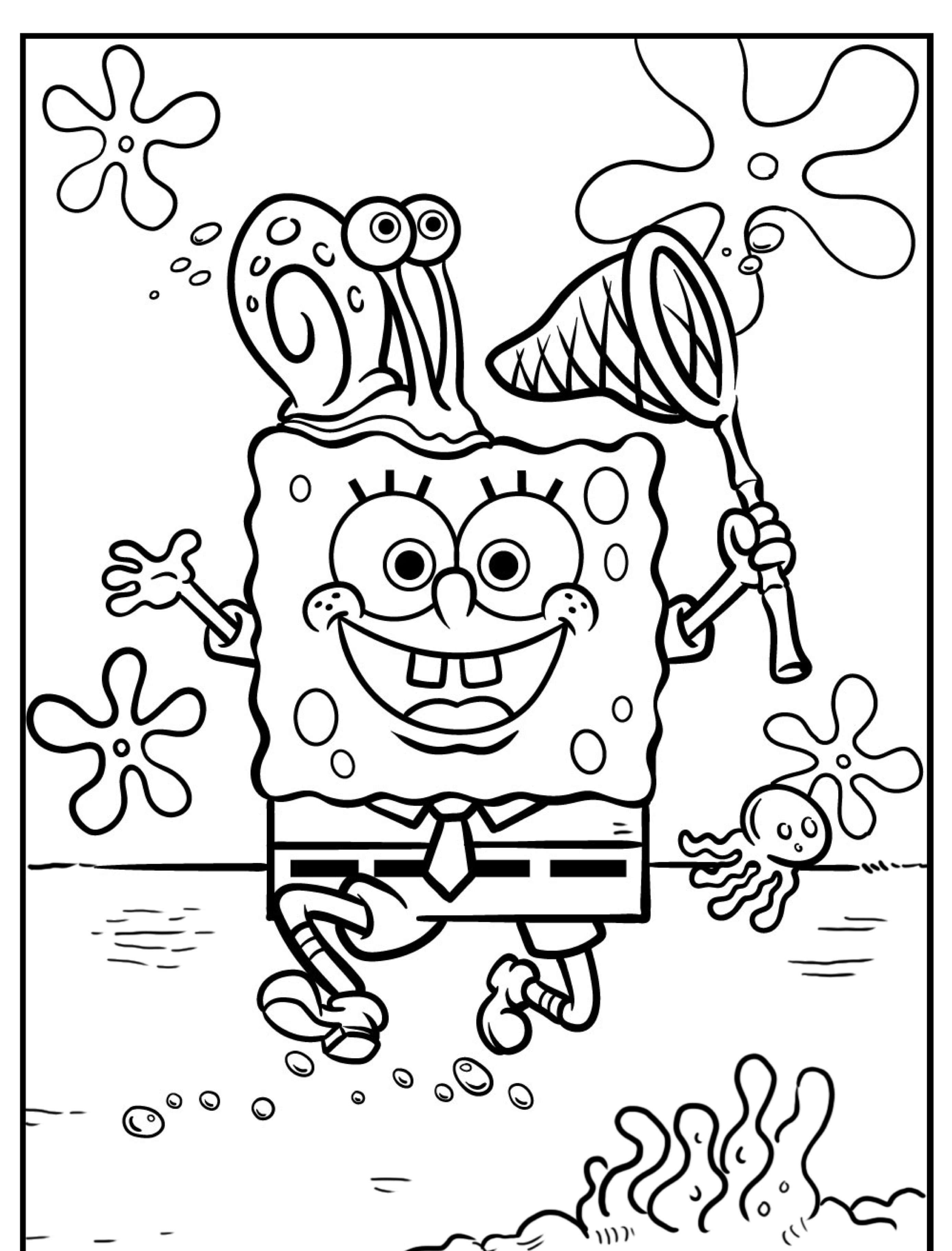 Desenho para colorir do Bob Esponja com Gary na cabeça.