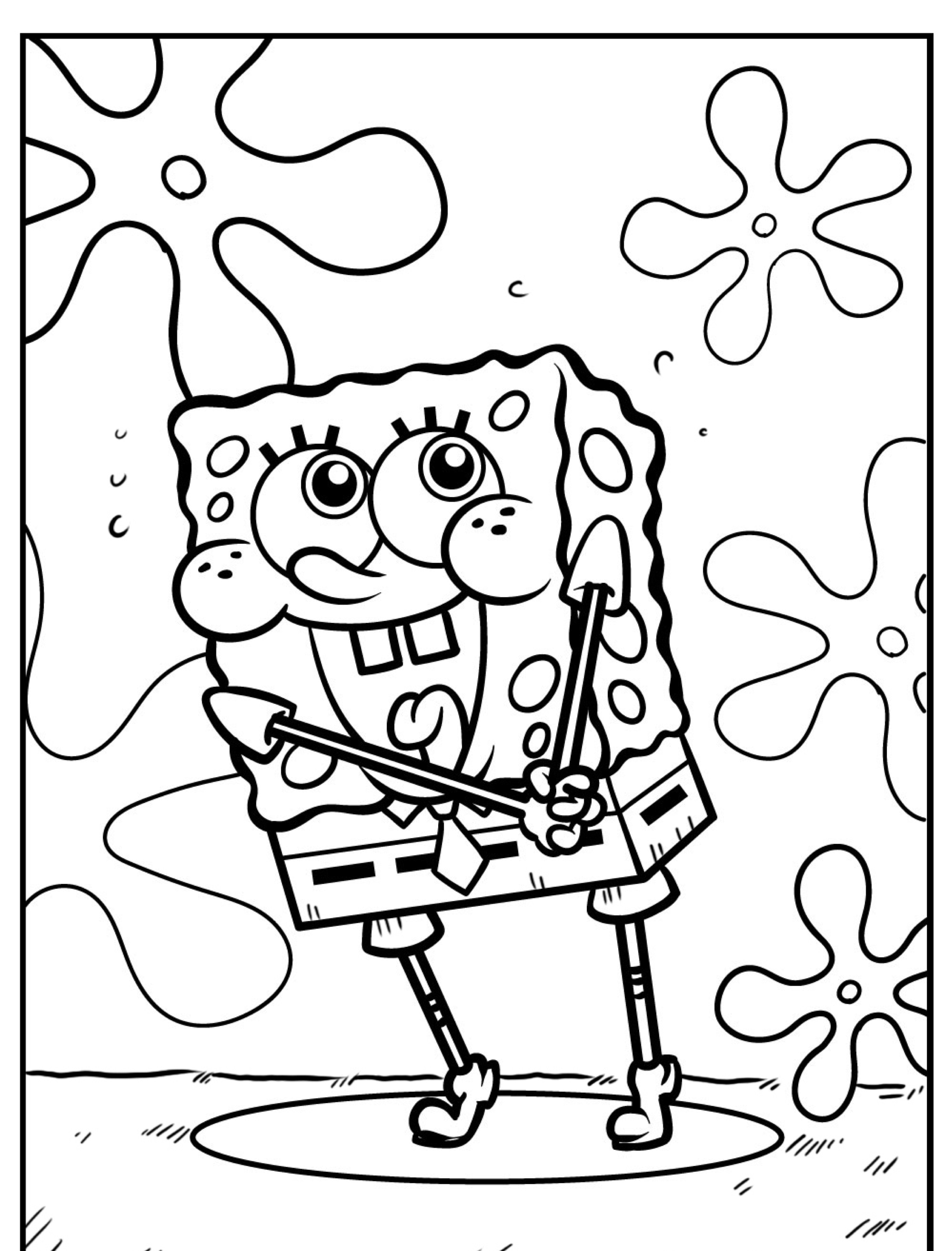 Desenho de Bob Esponja sorrindo, com flores ao fundo, para colorir.