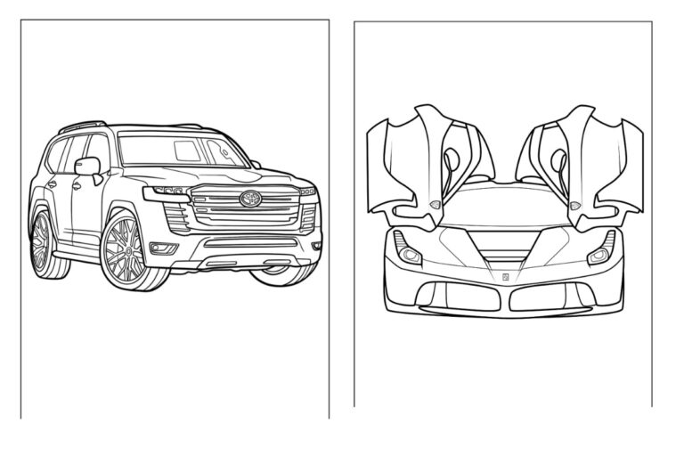 Desenho para colorir de SUV, frente detalhada. Desenho para colorir de carro esportivo com portas abertas.