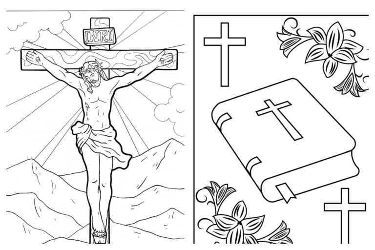 Desenho de crucificação com paisagem e Bíblia para colorir.