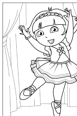 Desenho de bailarina dançando com cortinas ao fundo para colorir.