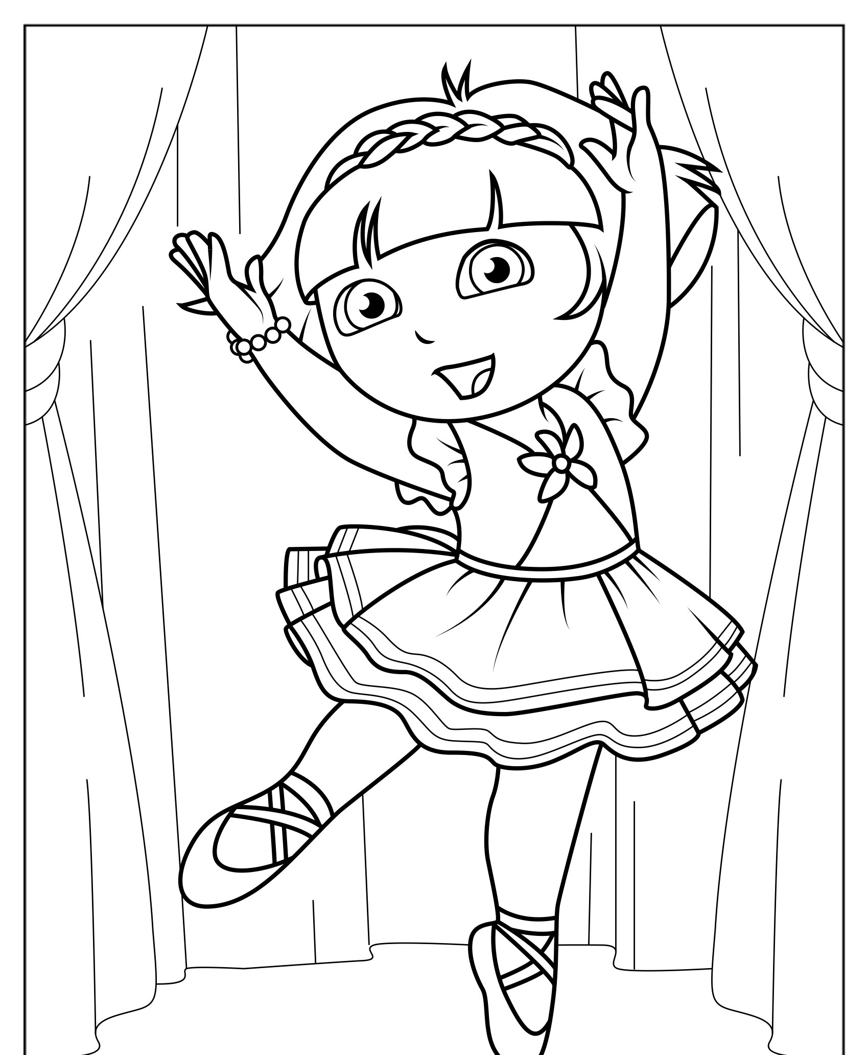 Desenho de bailarina dançando com cortinas ao fundo para colorir.