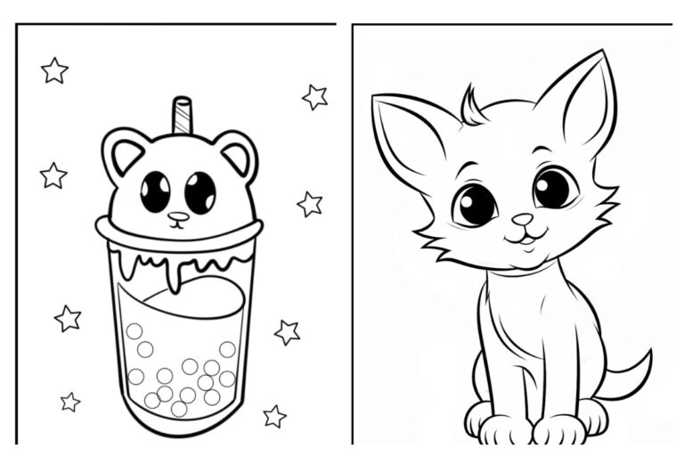 Imagem 1: Bebida com ursinho e estrelas para colorir. Imagem 2: Gatinho fofinho sentado para colorir.