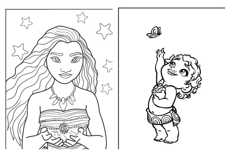 Desenho de Moana para colorir com estrelas. Desenho de bebê Moana para colorir com borboleta.