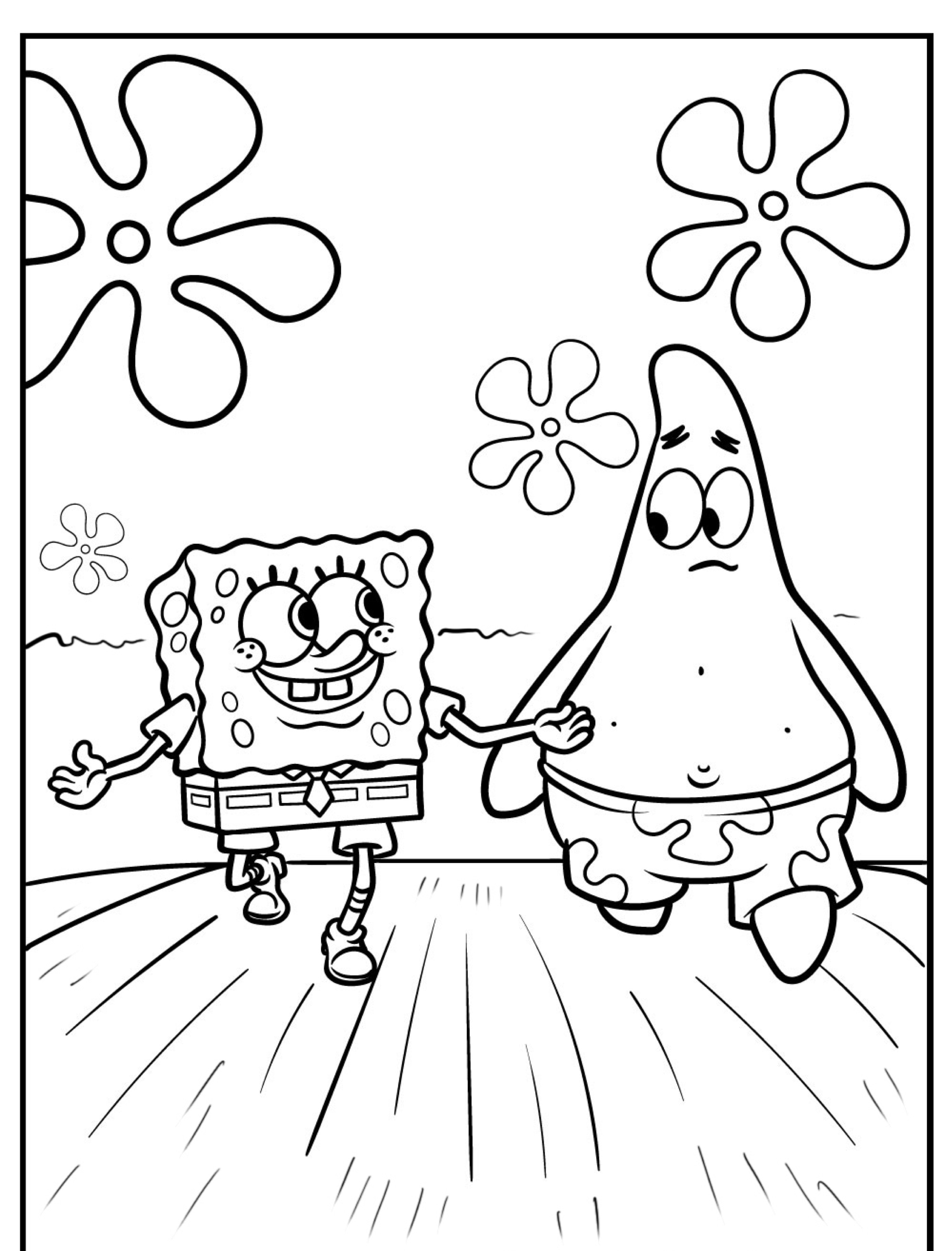 Desenho de dois personagens do Bob Esponja caminhando juntos para colorir.