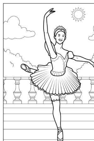 Desenho de bailarina dançando ao ar livre para colorir, com tutu.