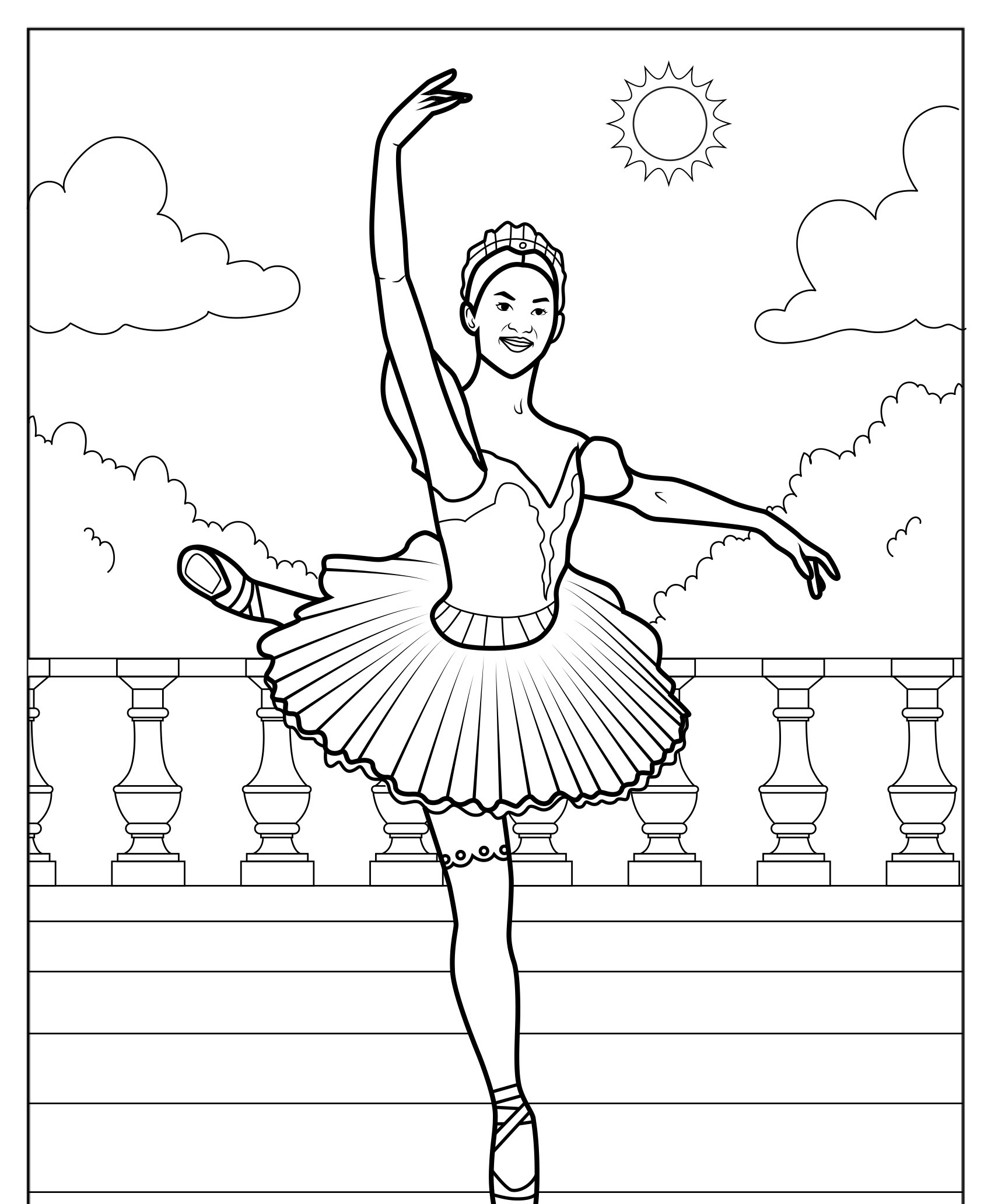 Desenho de bailarina dançando ao ar livre para colorir, com tutu.