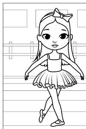 Desenho de bailarina com laço na cabeça para colorir.