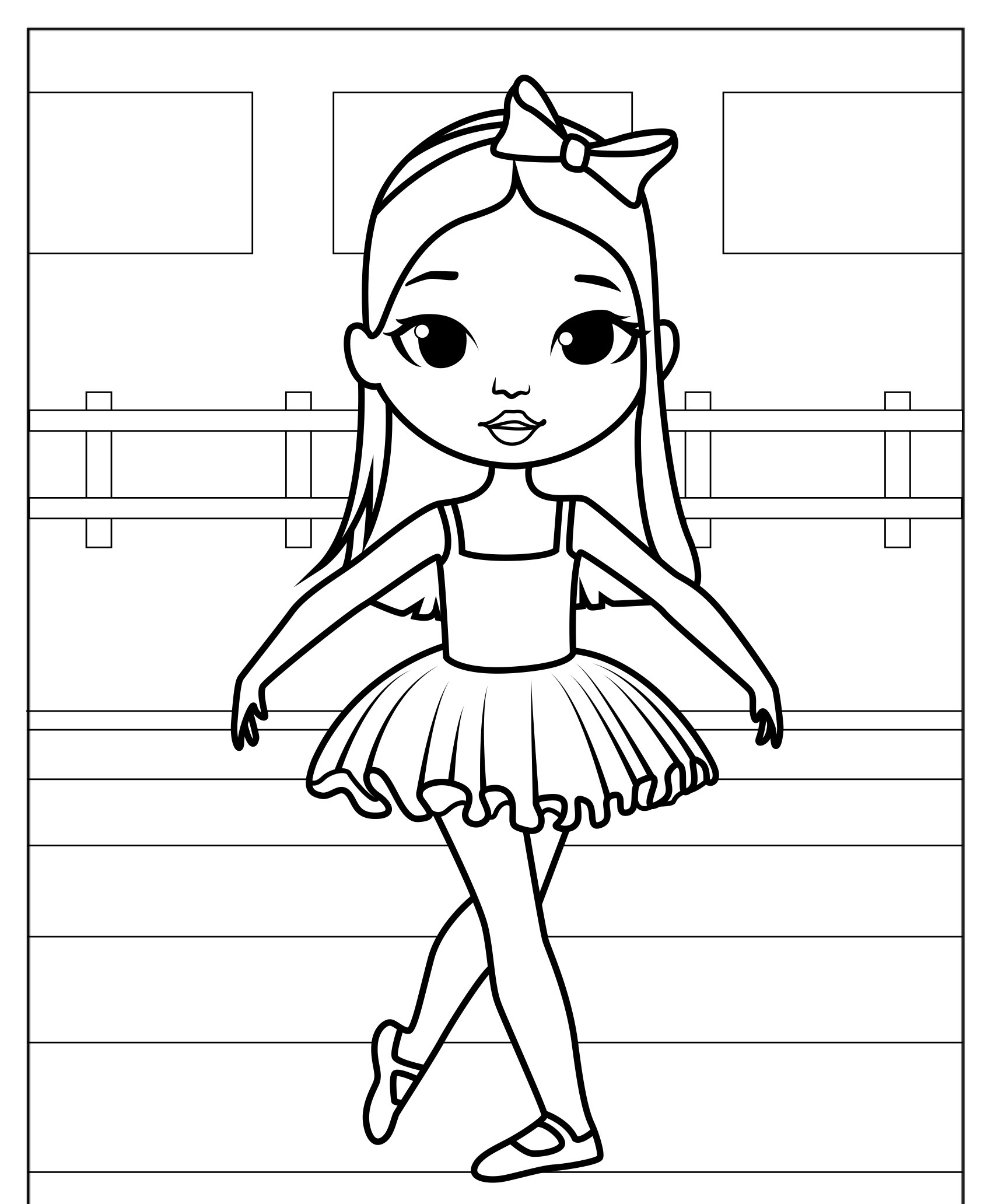 Desenho de bailarina com laço na cabeça para colorir.