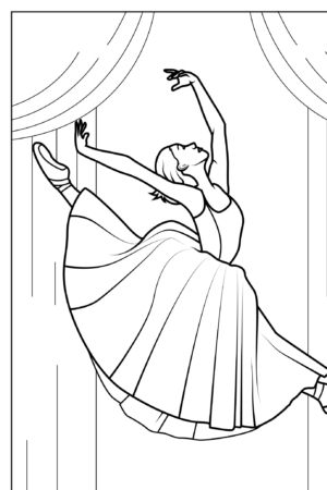 Desenho de bailarina saltando com vestido longo para colorir.