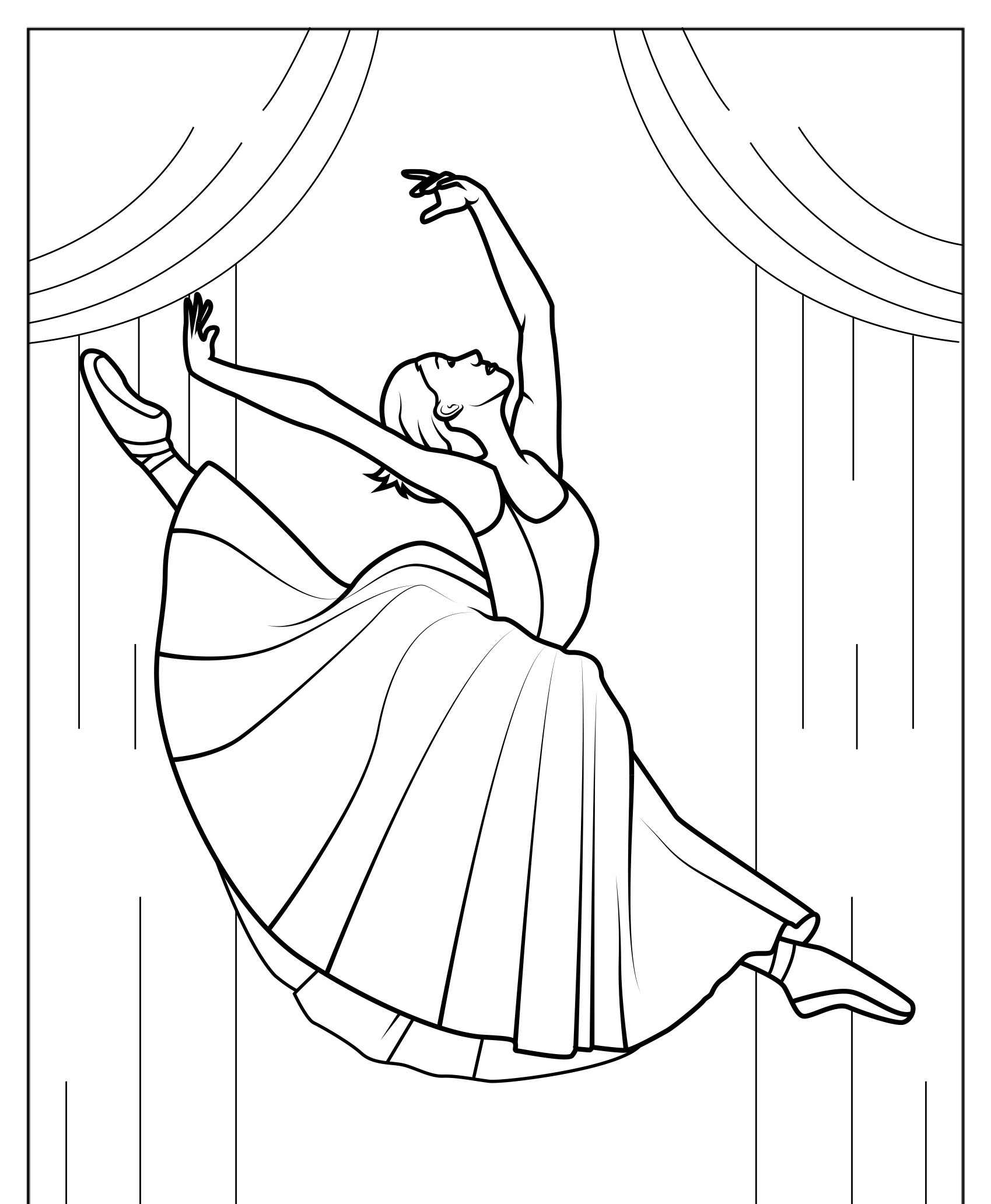 Desenho de bailarina saltando com vestido longo para colorir.