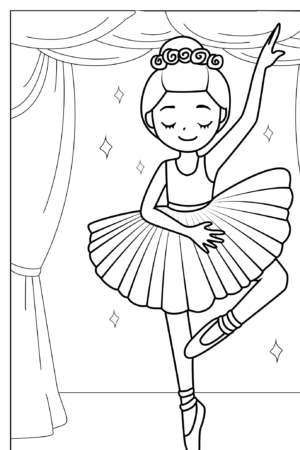 Desenho de bailarina dançando com tutu, para colorir.