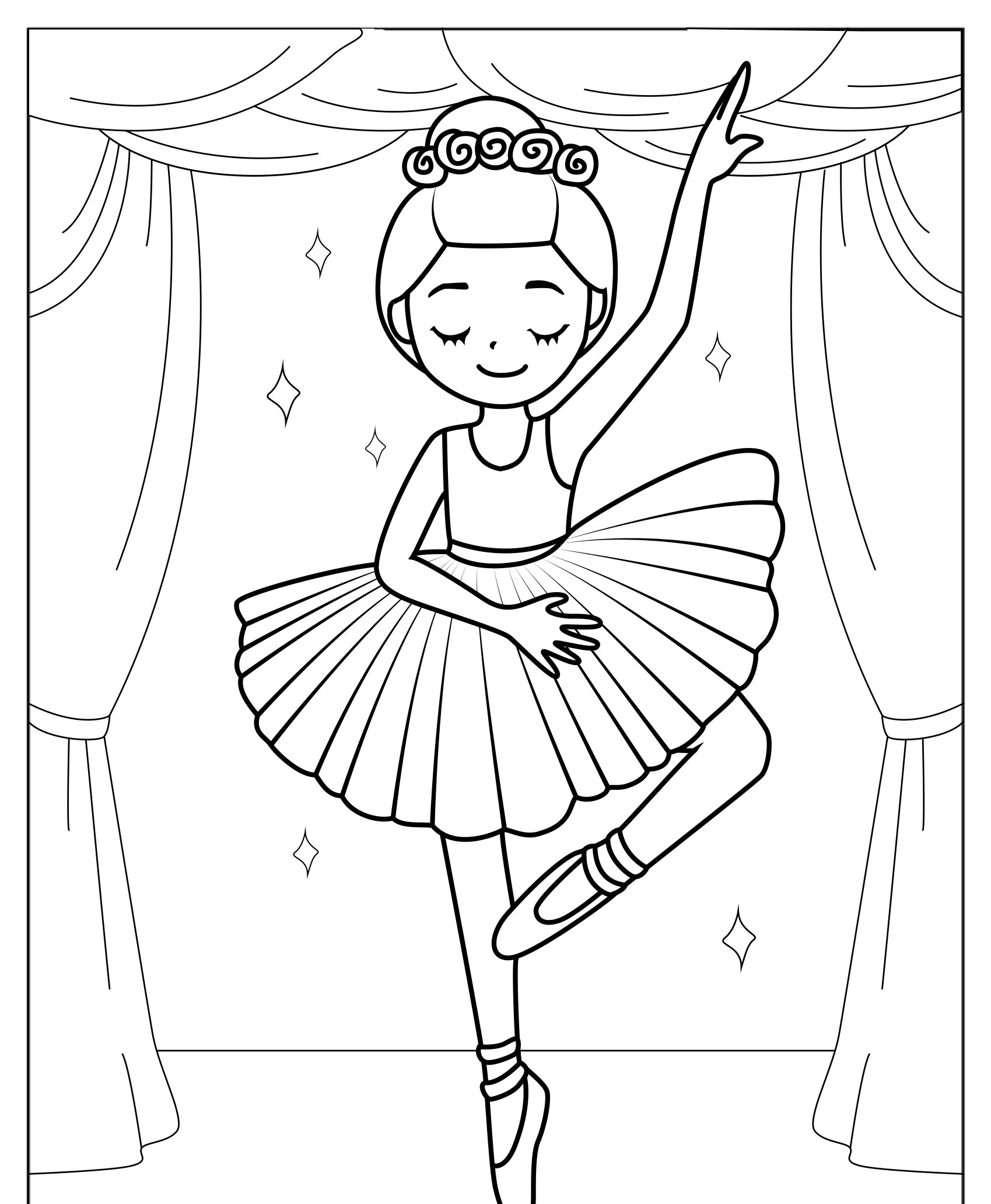 Desenho de bailarina dançando com tutu, para colorir.