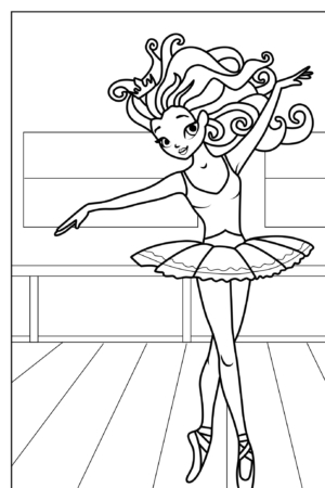 Desenho para colorir de bailarina com cabelo cacheado.