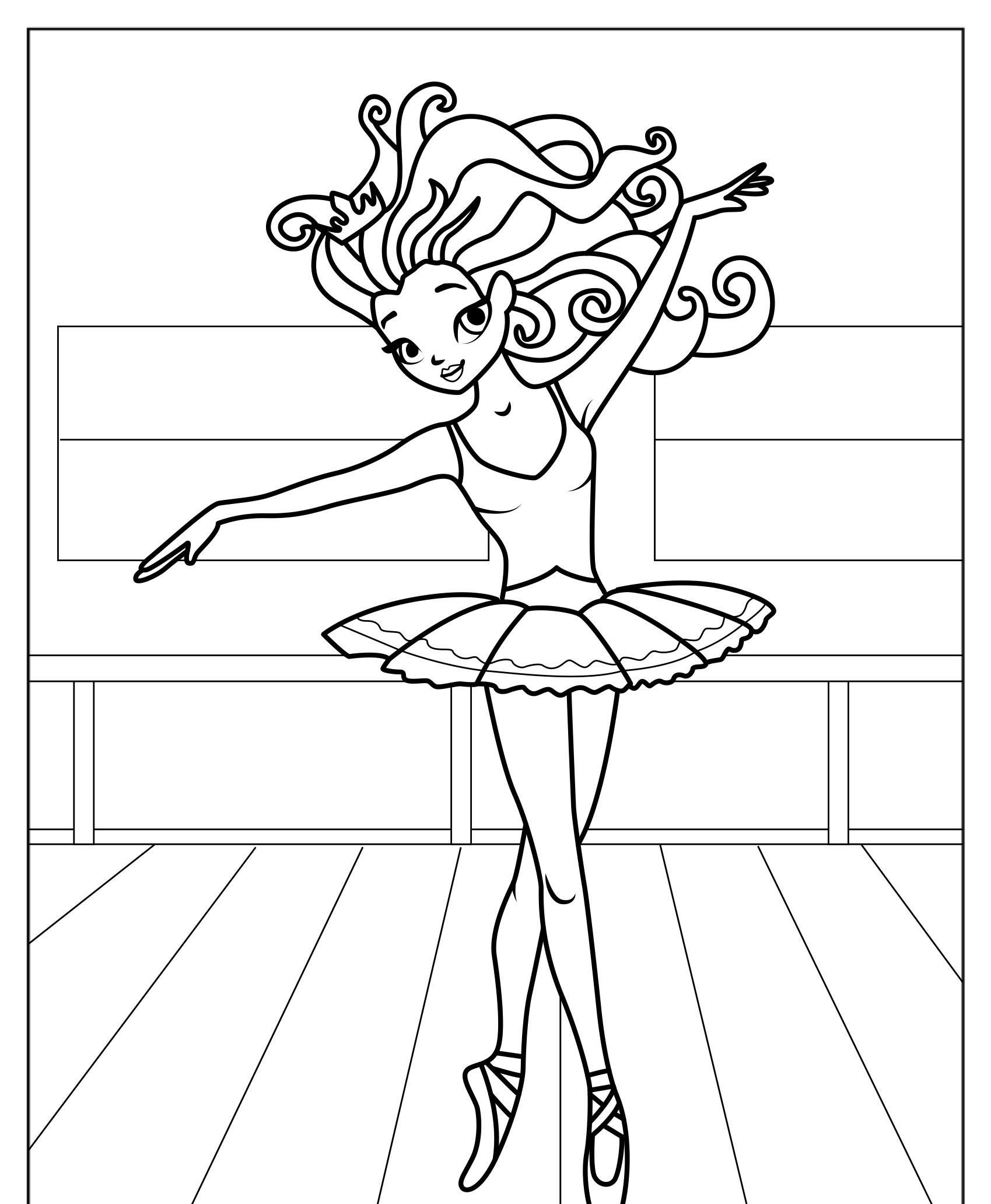 Desenho para colorir de bailarina com cabelo cacheado.