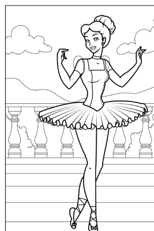 Desenho de bailarina sorrindo para colorir, árvore ao fundo.