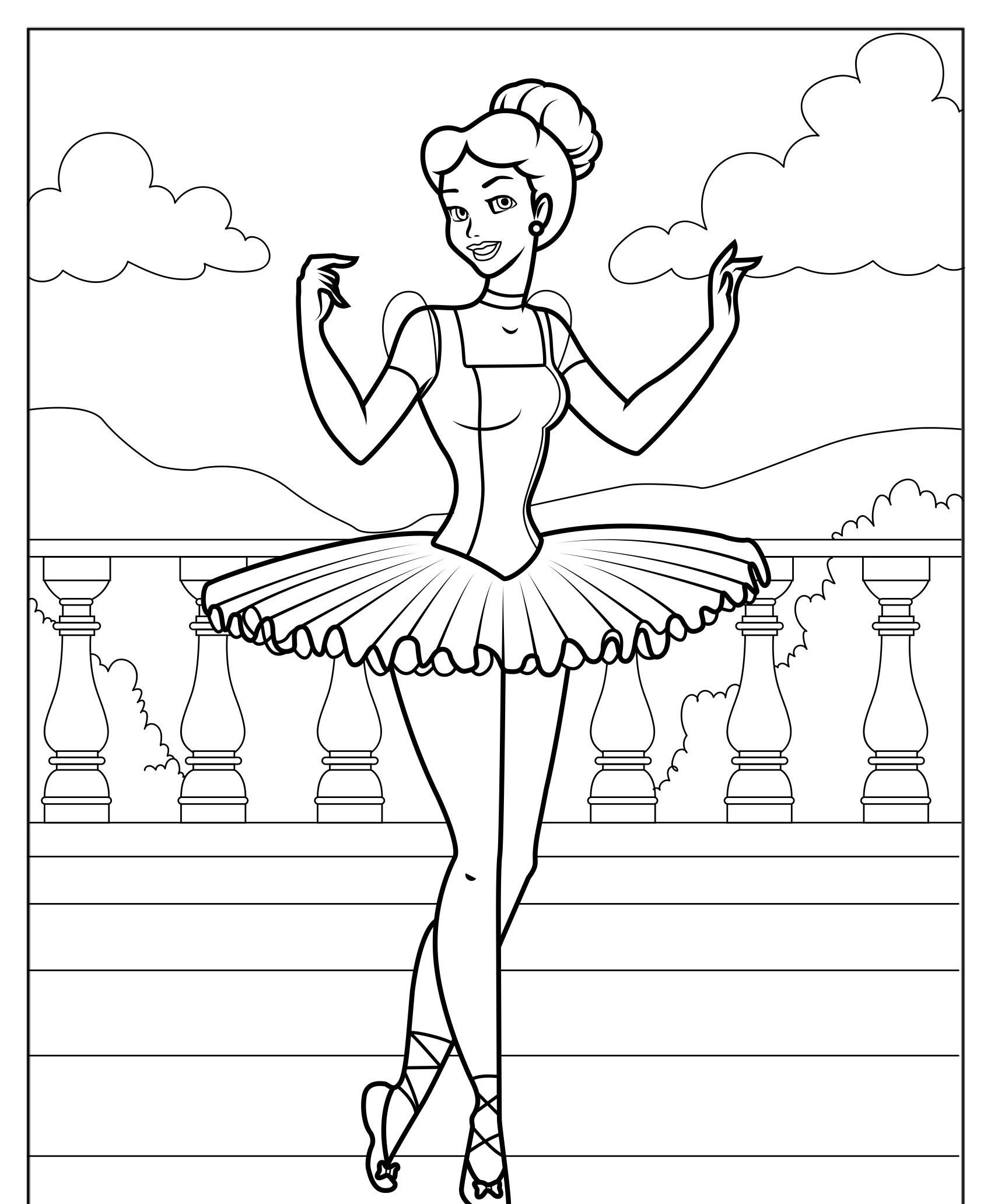 Desenho de bailarina sorrindo para colorir, árvore ao fundo.