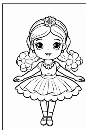 Desenho de bailarina com flores no cabelo, para colorir.