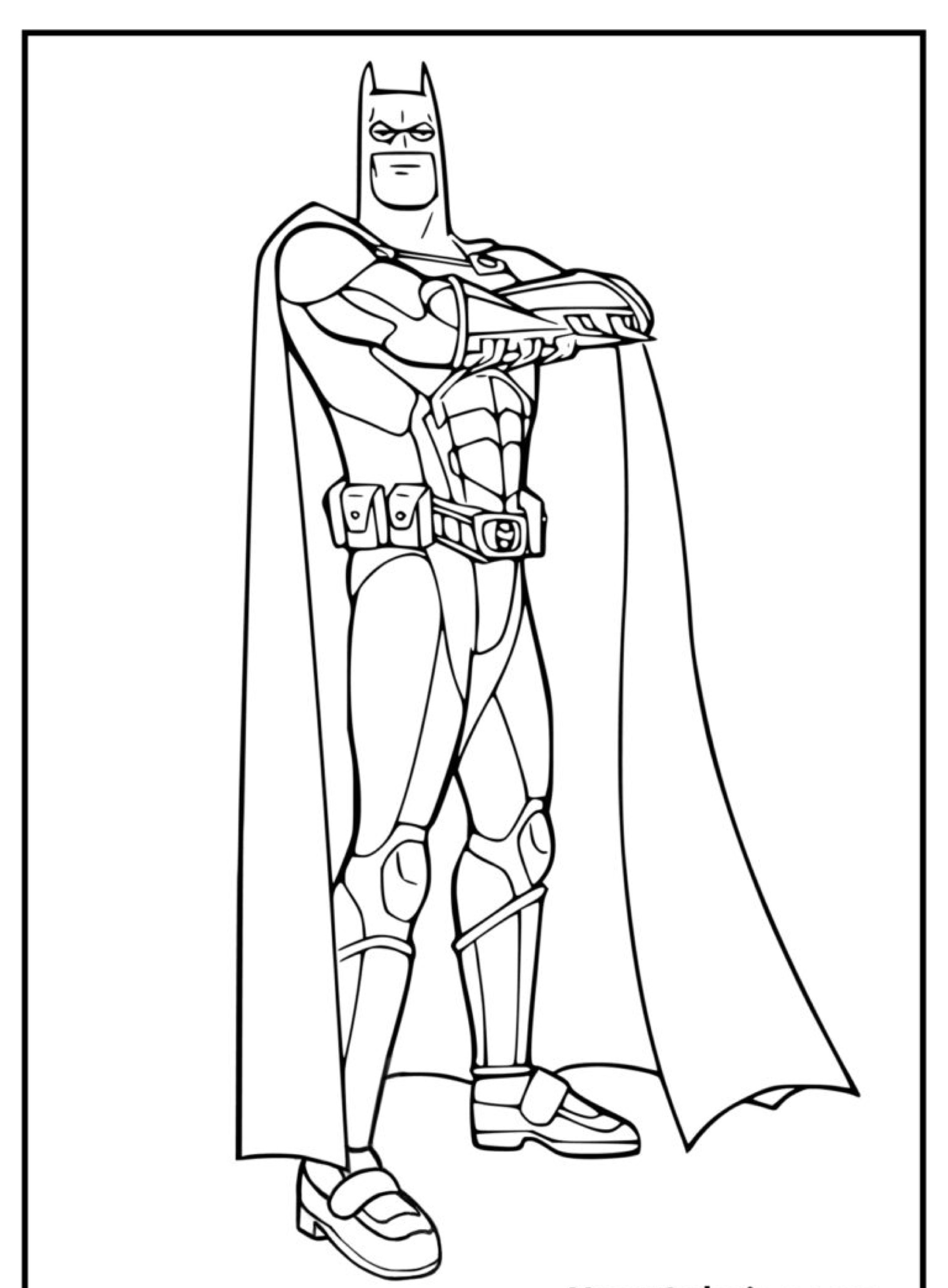 Batman de pé com capa longa, para colorir.