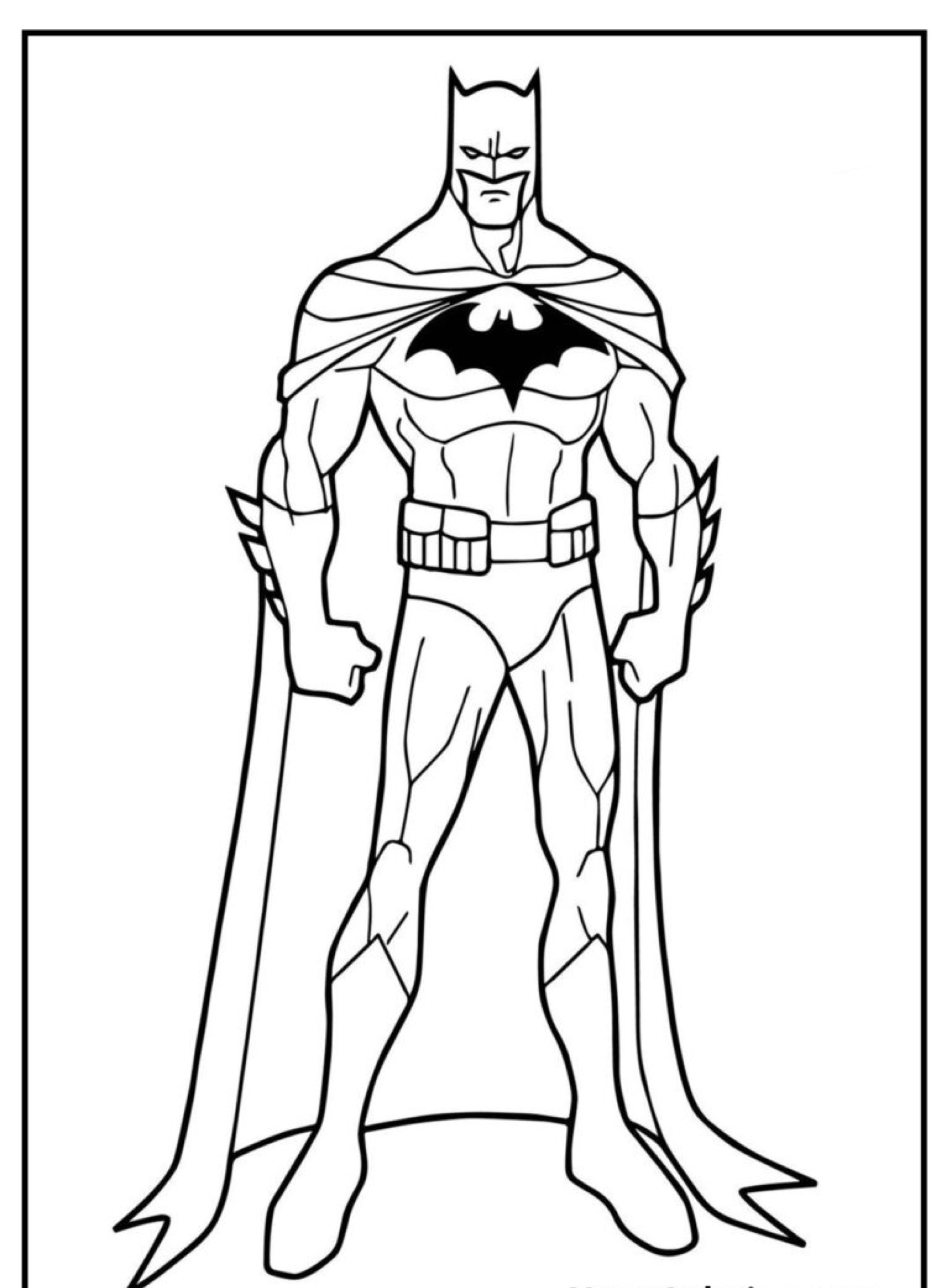 Batman com capa longa para colorir, em pé em pose heroica.