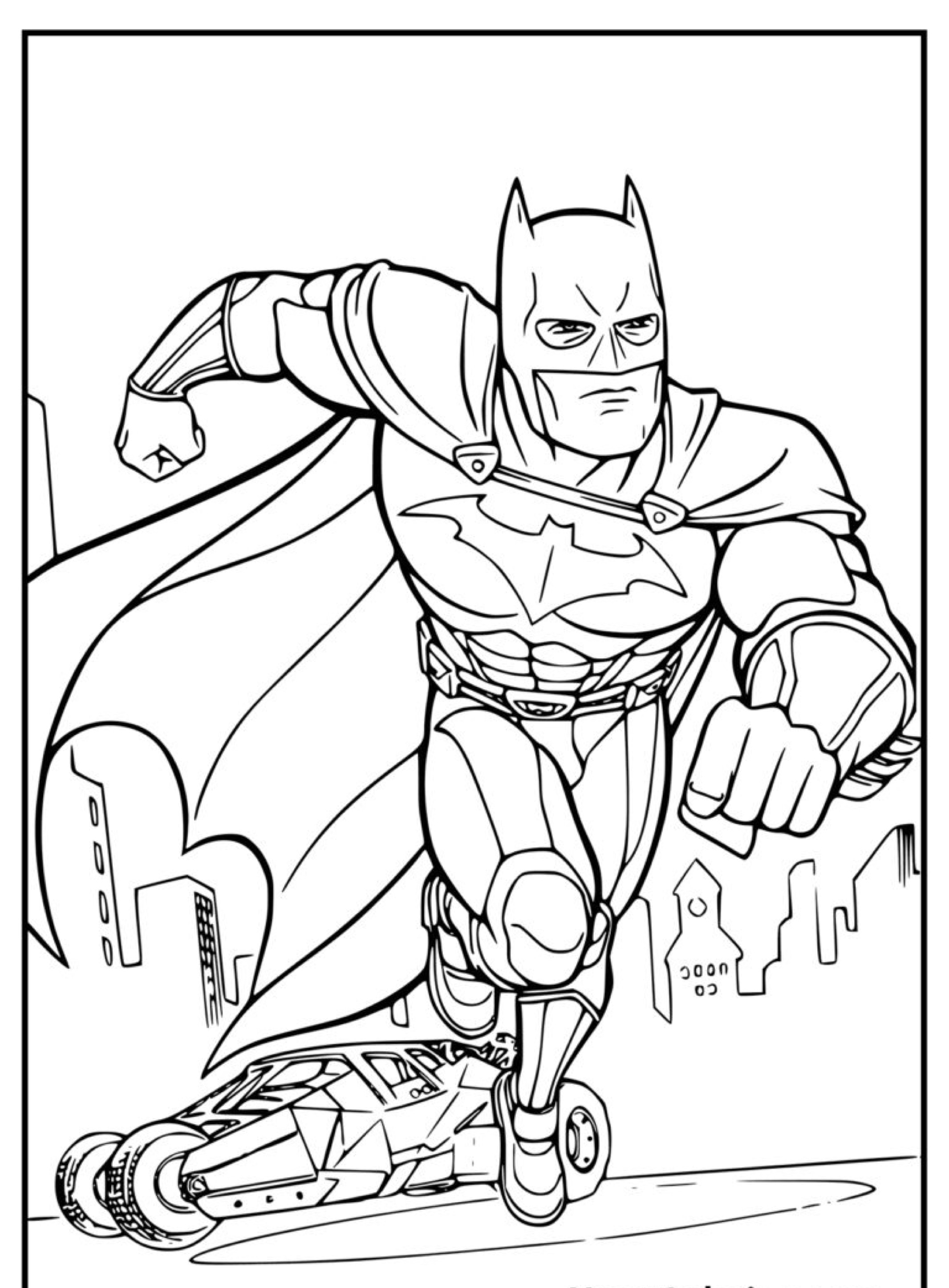 Batman correndo com Batmóvel ao fundo para colorir.