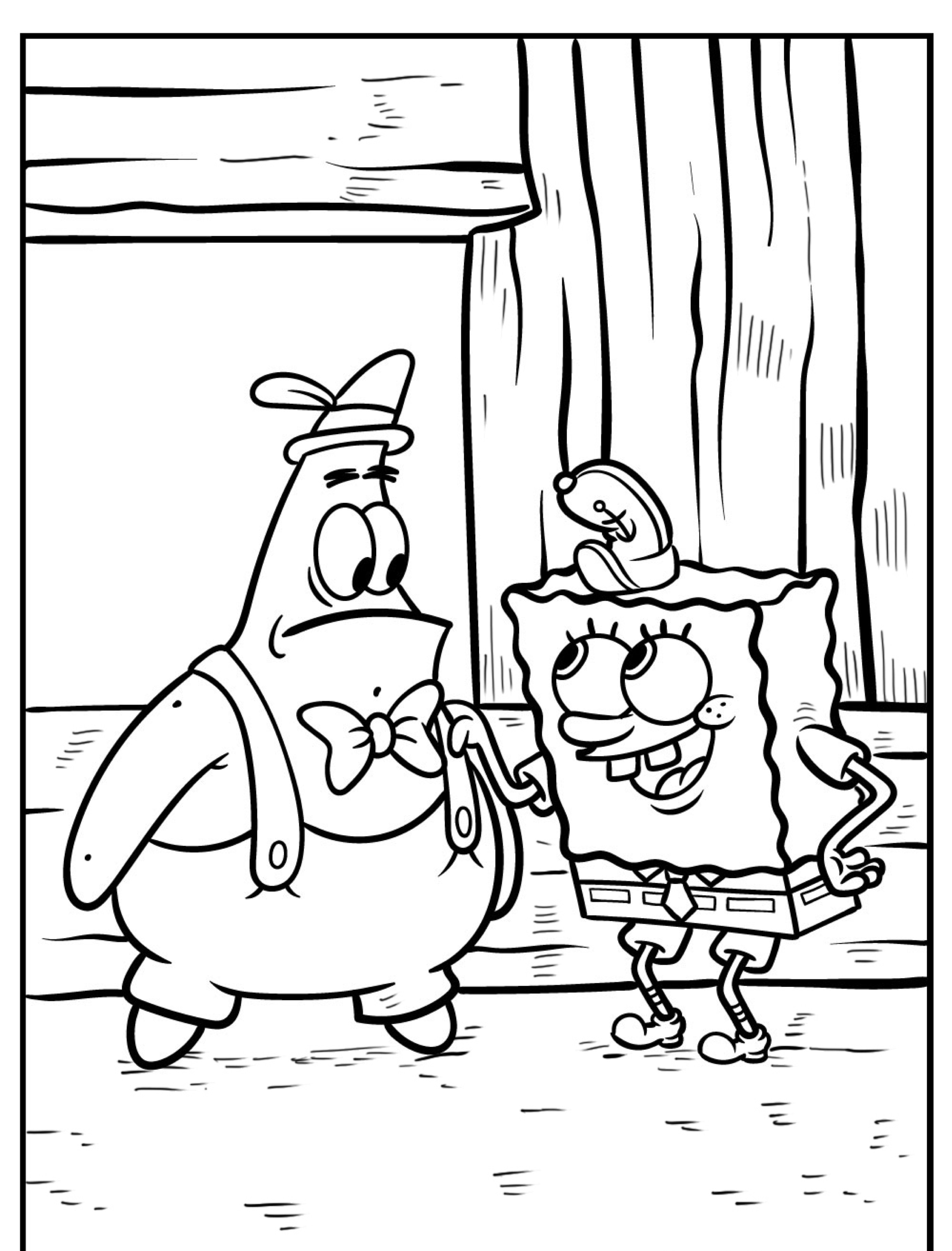 Dois personagens da animação Bob Esponja se cumprimentando; desenho para colorir.