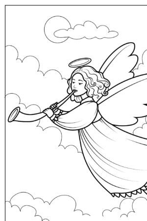 Desenho para colorir de um anjo tocando trombeta com asas detalhadas.