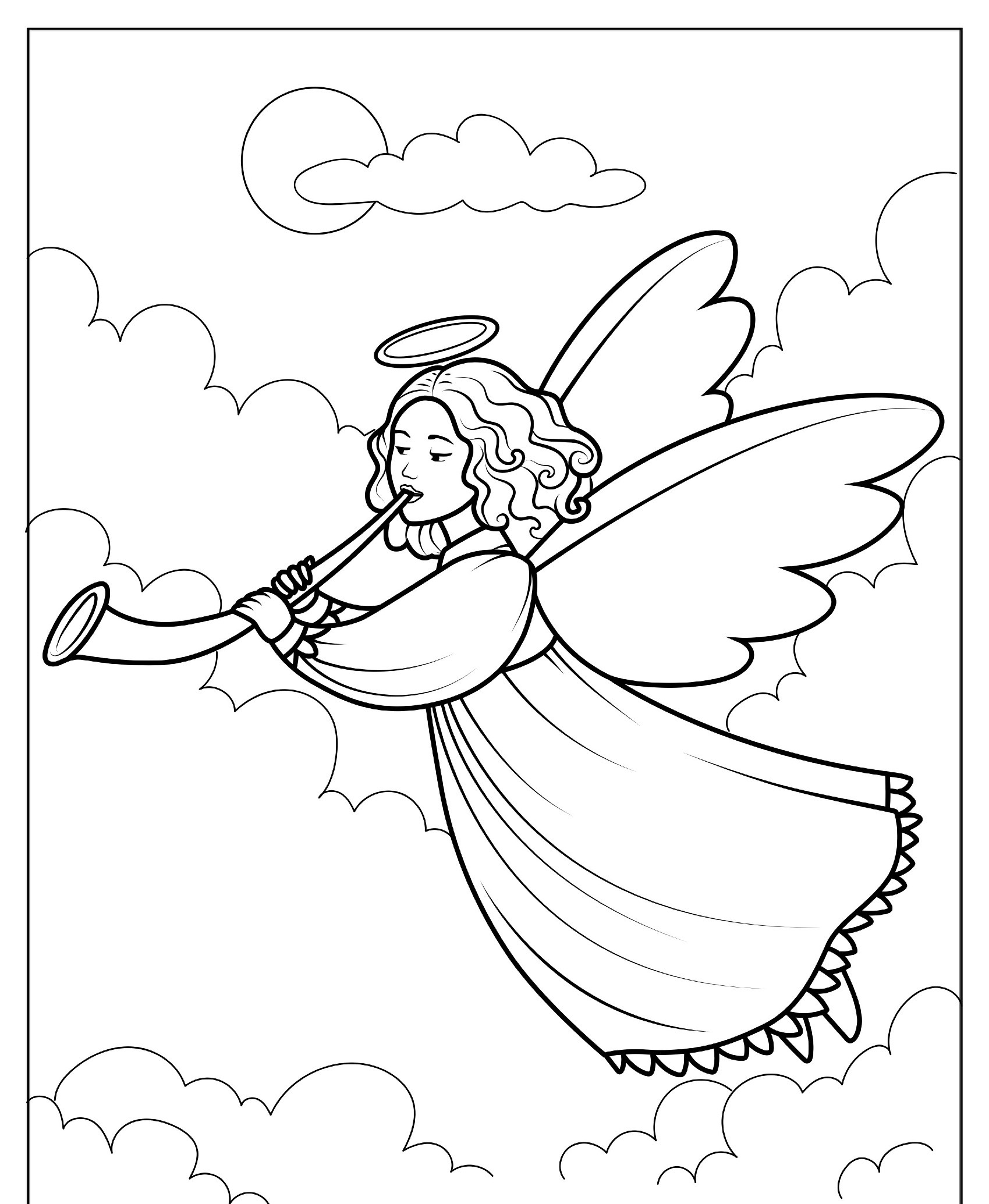 Desenho para colorir de um anjo tocando trombeta com asas detalhadas.