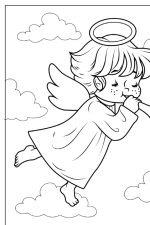 Anjo com auréola tocando trombeta nas nuvens para colorir.