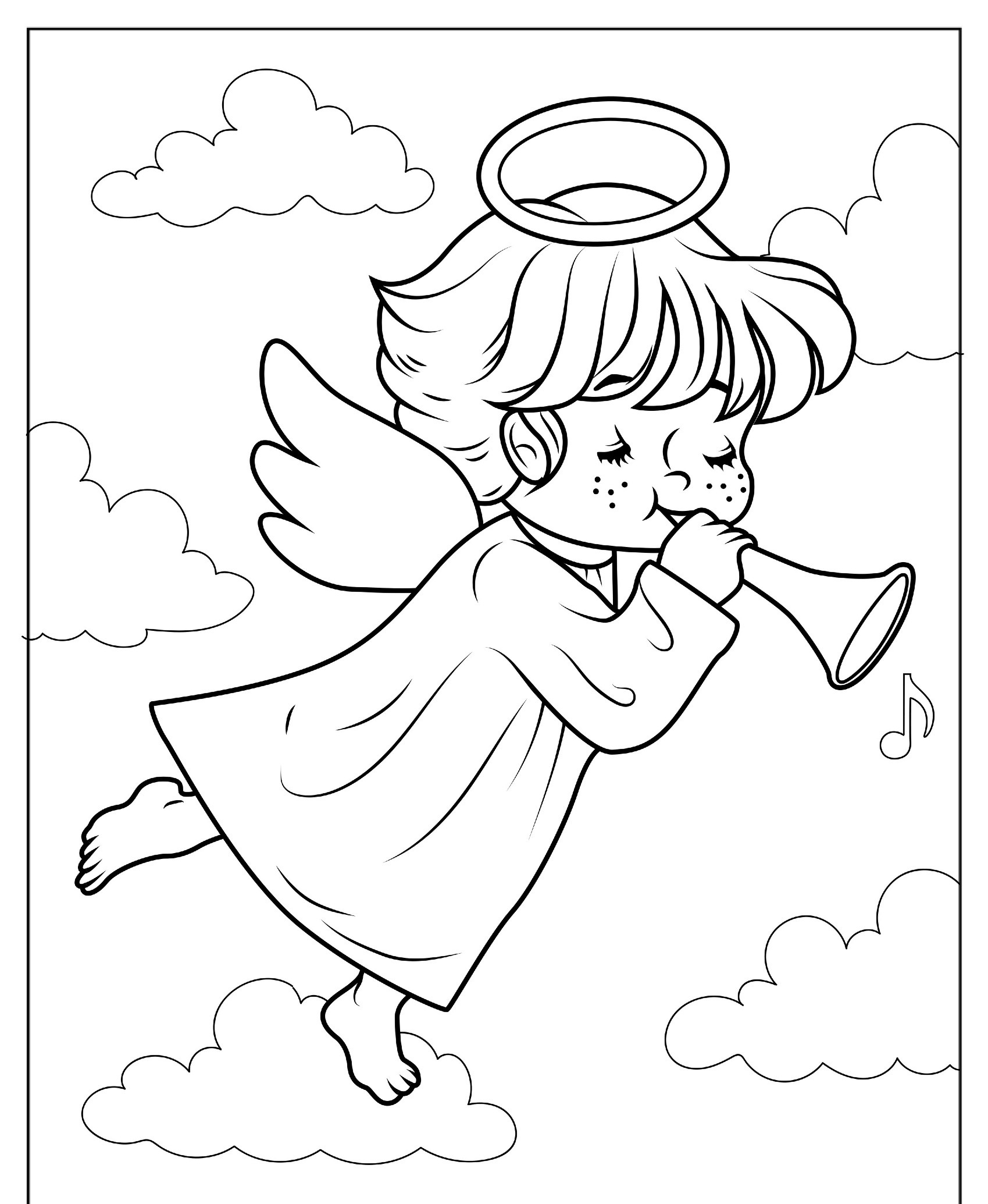 Anjo com auréola tocando trombeta nas nuvens para colorir.