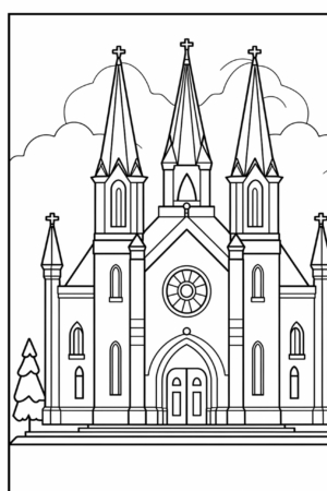 Desenho de igreja com três torres para colorir.