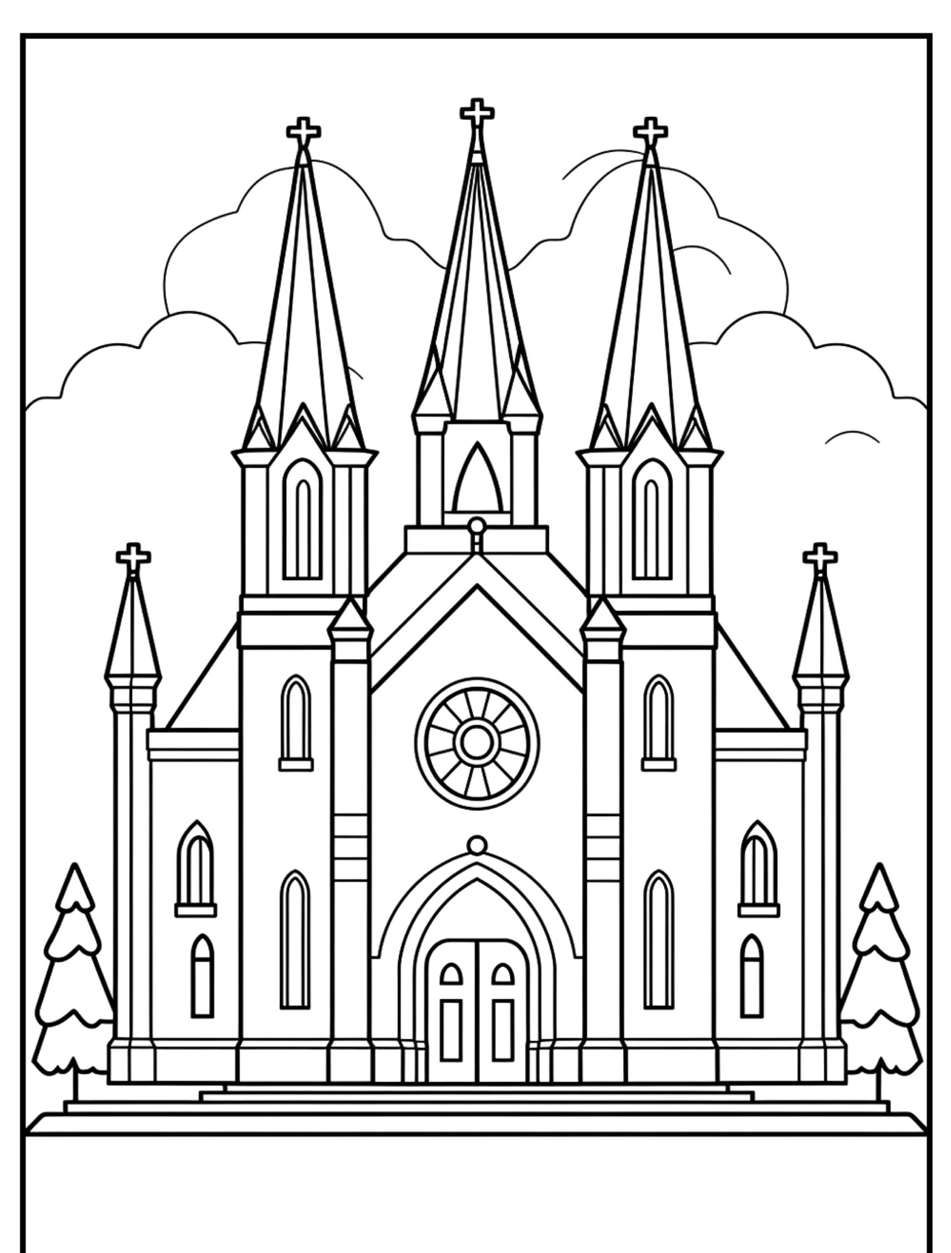 Desenho de igreja com três torres para colorir.