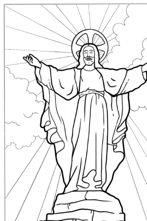 Desenho religioso para colorir, figura de Jesus com halo e raios.