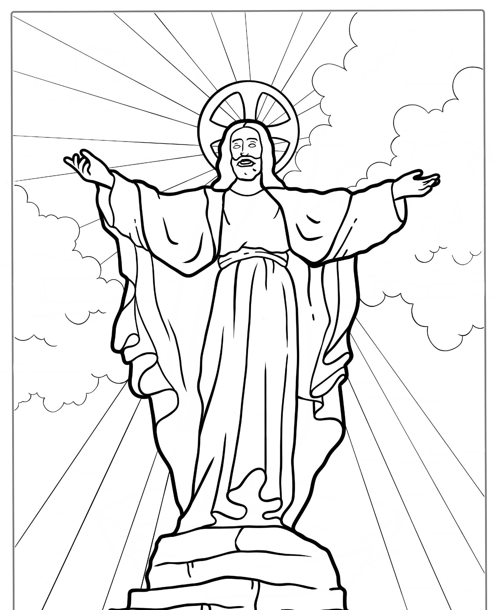 Desenho religioso para colorir, figura de Jesus com halo e raios.