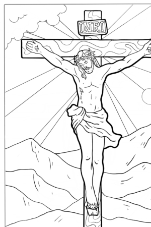 Desenho de crucificação com montanhas ao fundo para colorir.