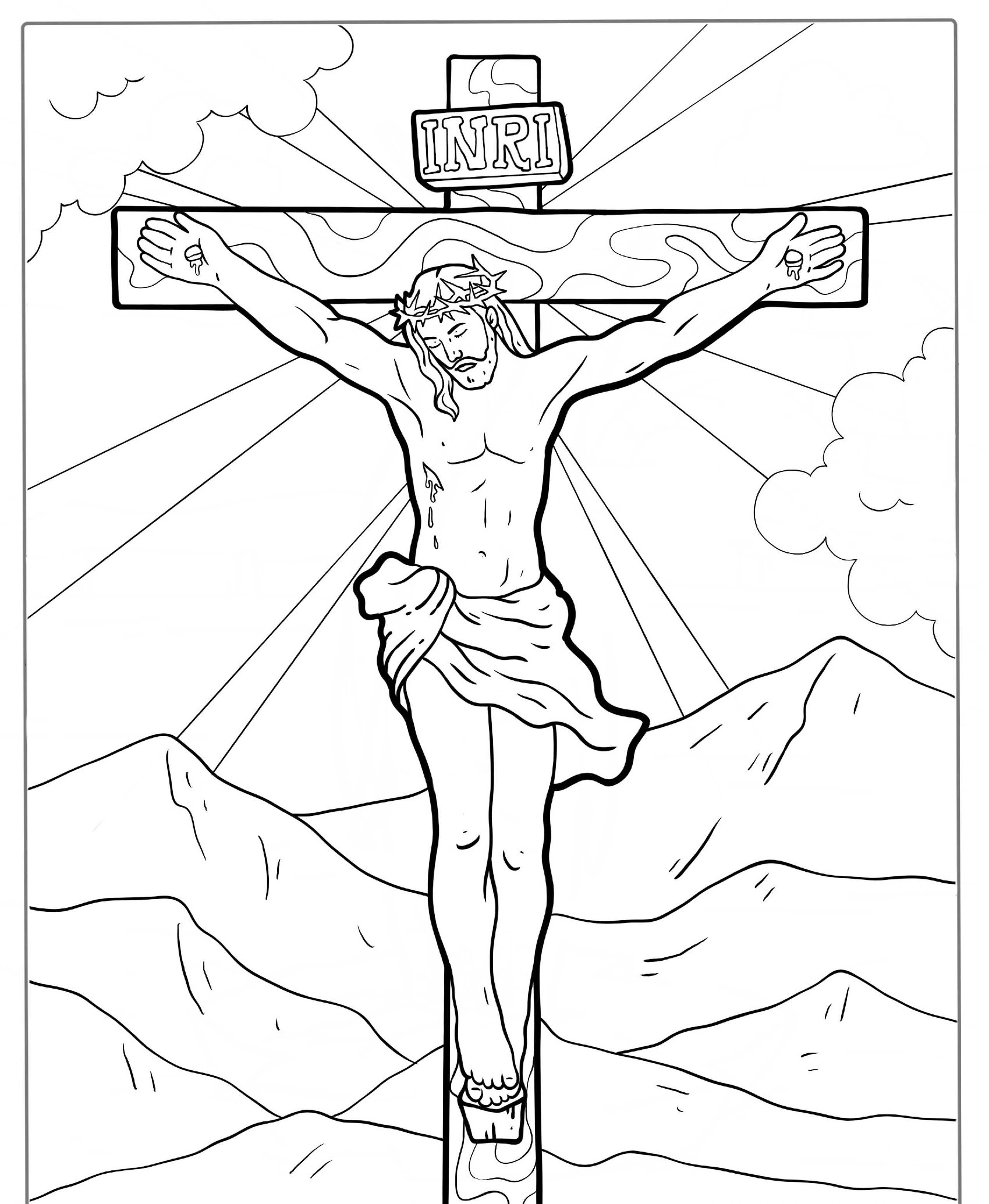 Desenho de crucificação com montanhas ao fundo para colorir.