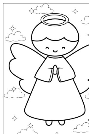 Desenho de anjo com auréola e asas, mãos em oração, para colorir.