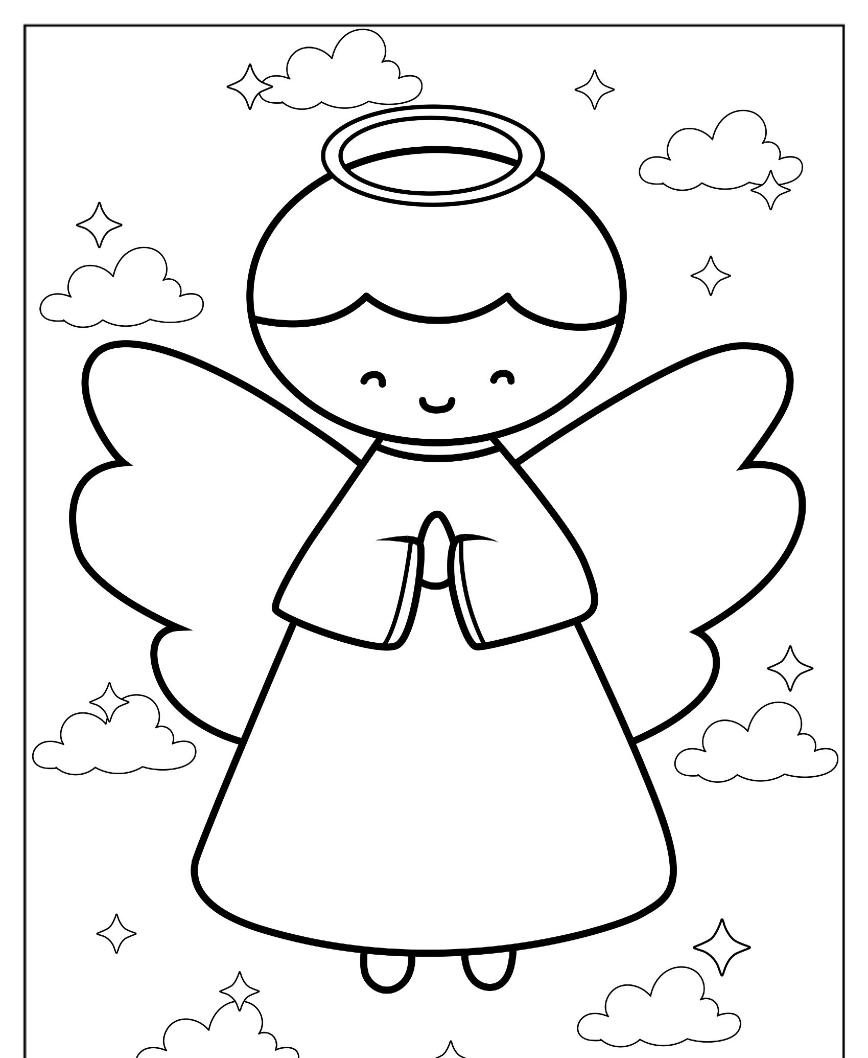 Desenho de anjo com auréola e asas, mãos em oração, para colorir.