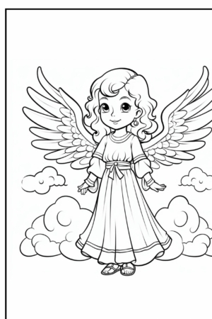 Desenho de anjo menina com asas e nuvens para colorir.