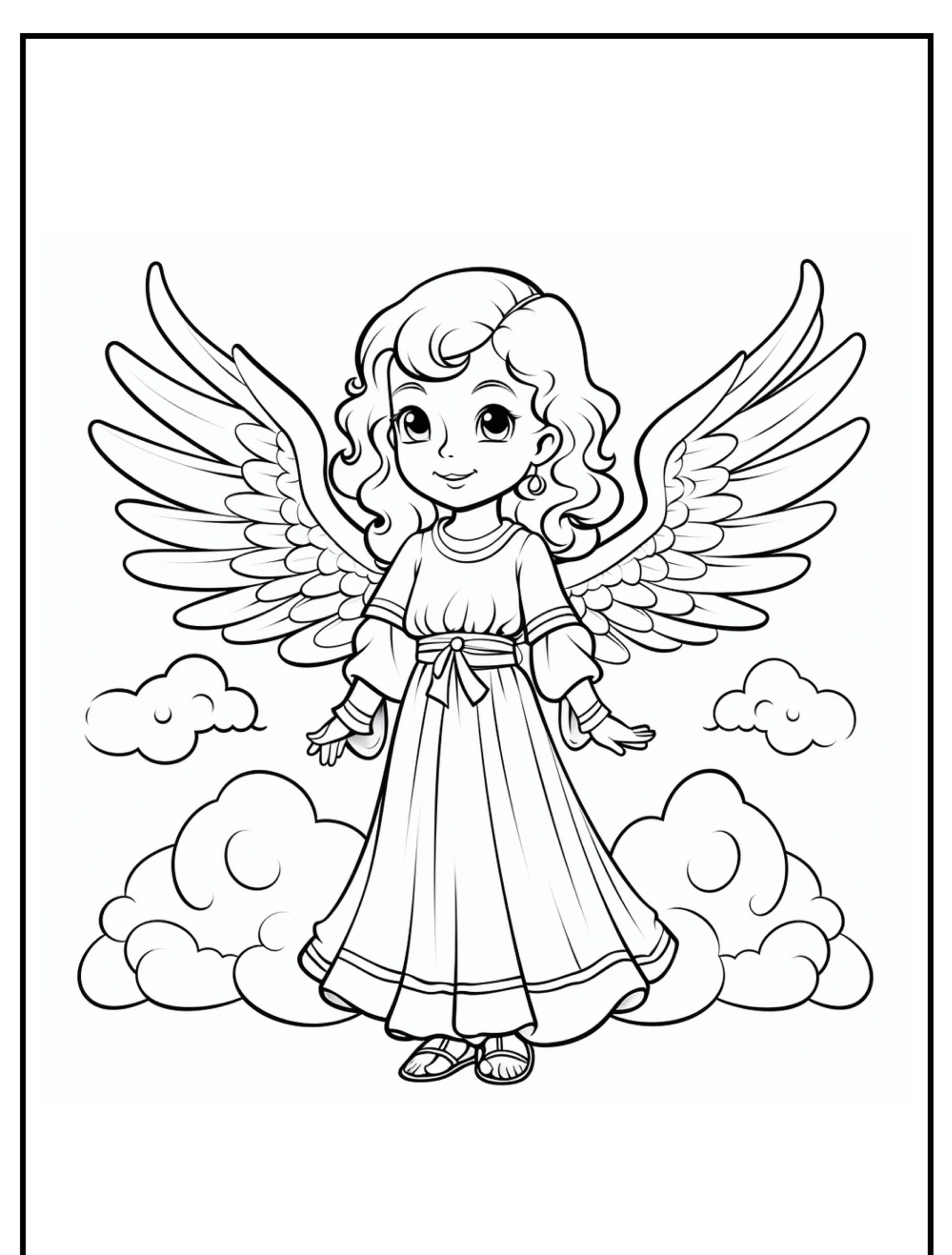 Desenho de anjo menina com asas e nuvens para colorir.