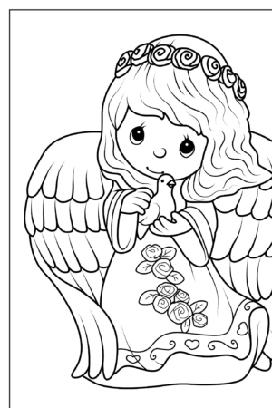 Desenho de anjo abraçando pássaro para colorir.