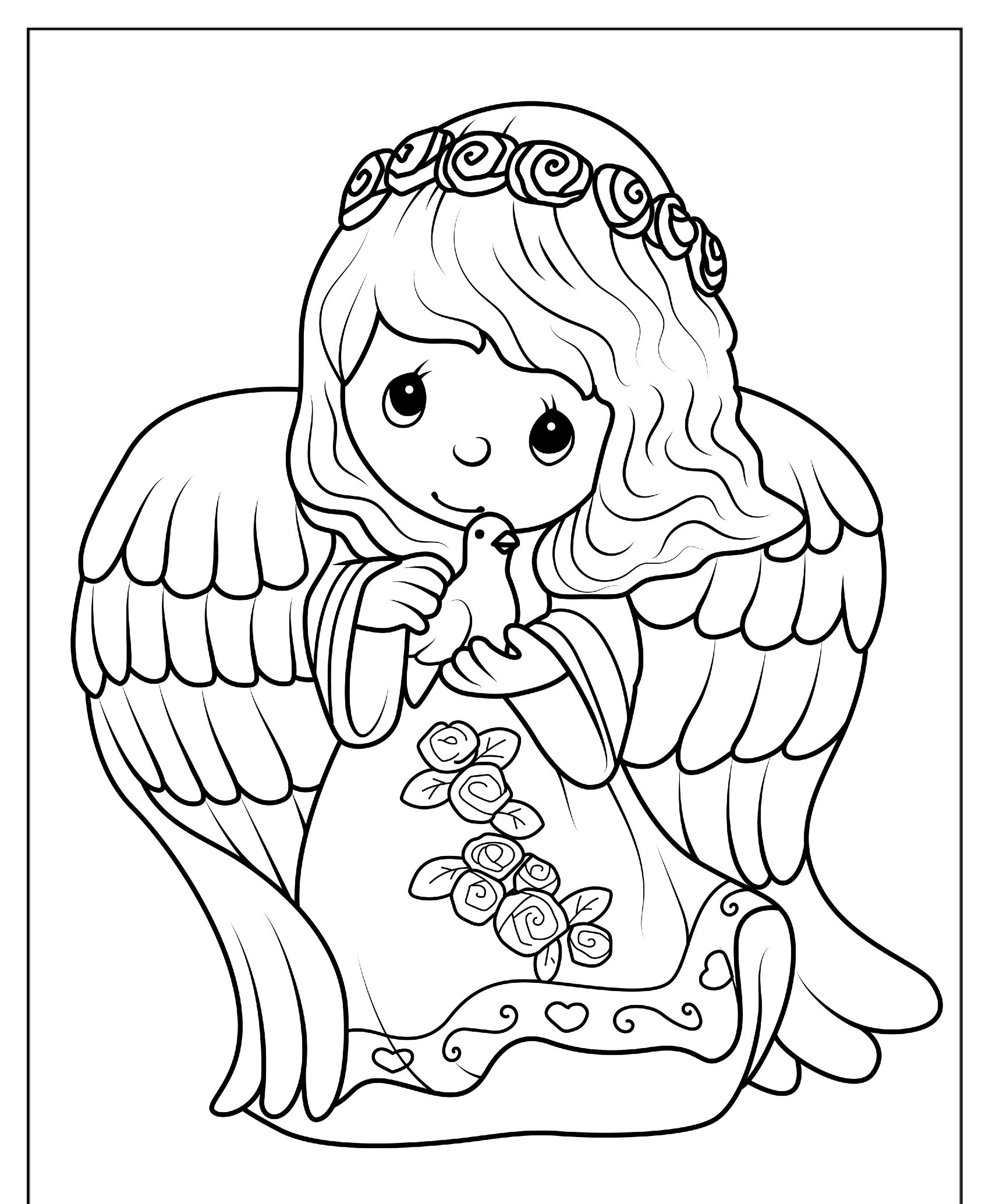 Desenho de anjo abraçando pássaro para colorir.