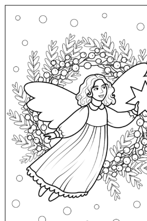 Anjo com estrela e coroa de folhas, desenho para colorir.