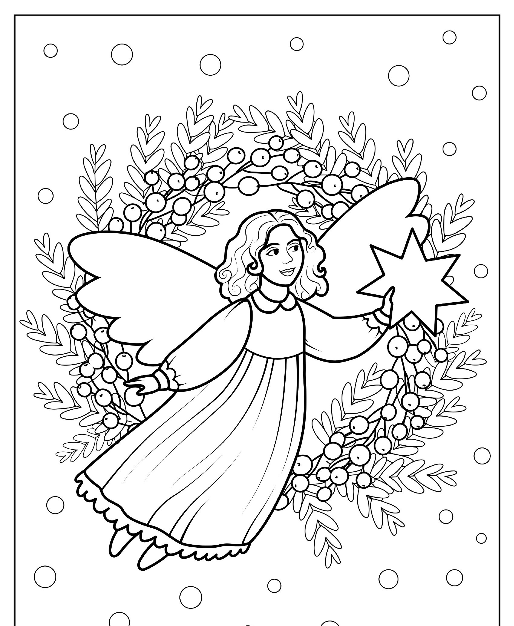 Anjo com estrela e coroa de folhas, desenho para colorir.