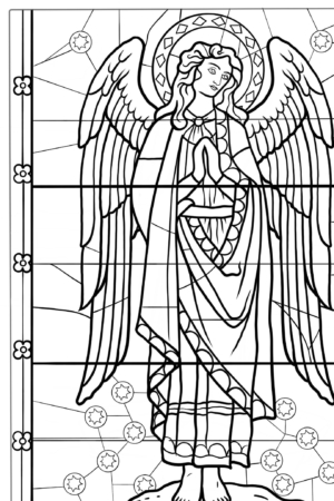 Desenho de vitral de anjo para colorir, asas detalhadas.