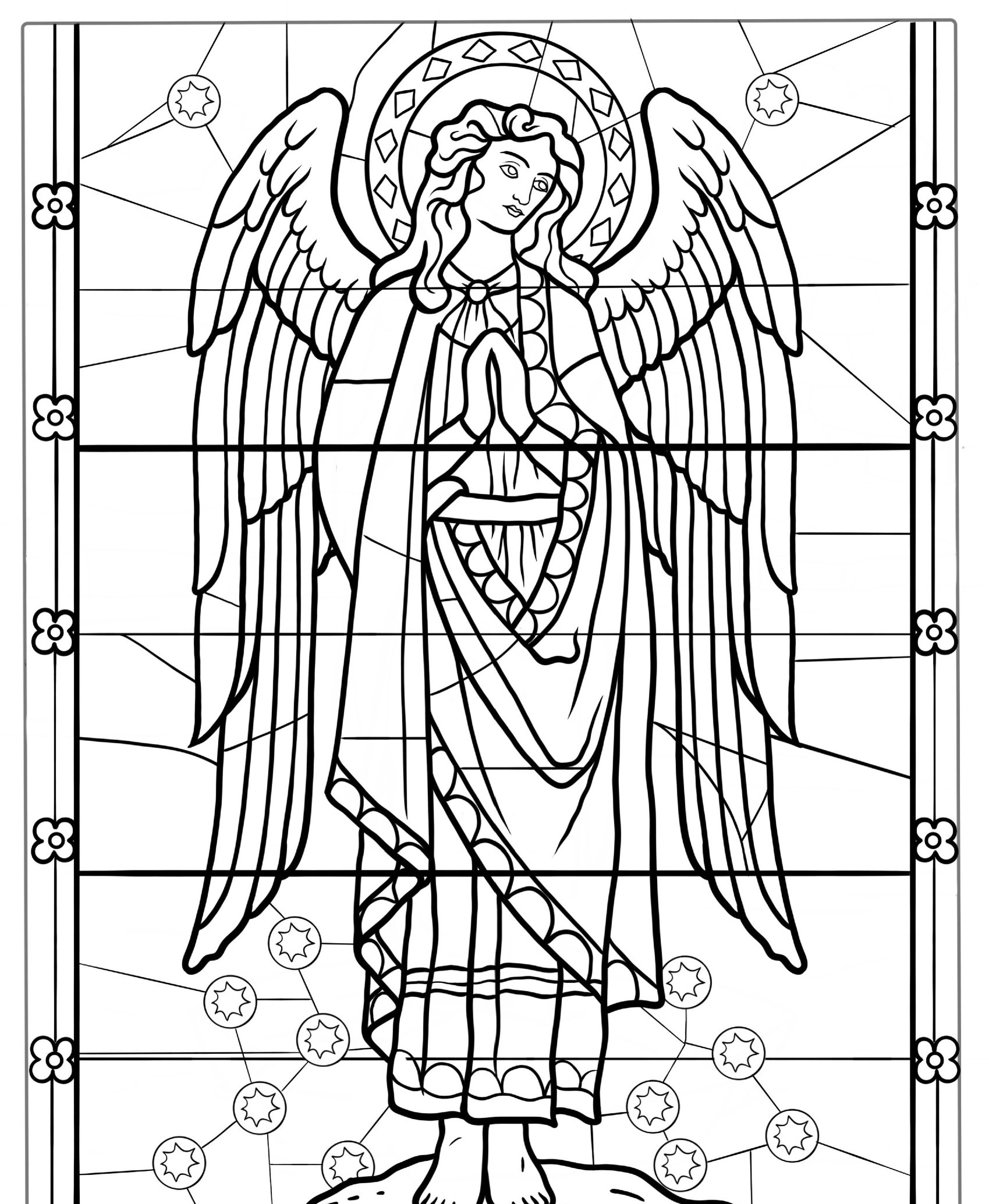 Desenho de vitral de anjo para colorir, asas detalhadas.