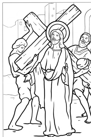 Jesus carregando a cruz, desenho para colorir, com quatro homens ajudando.